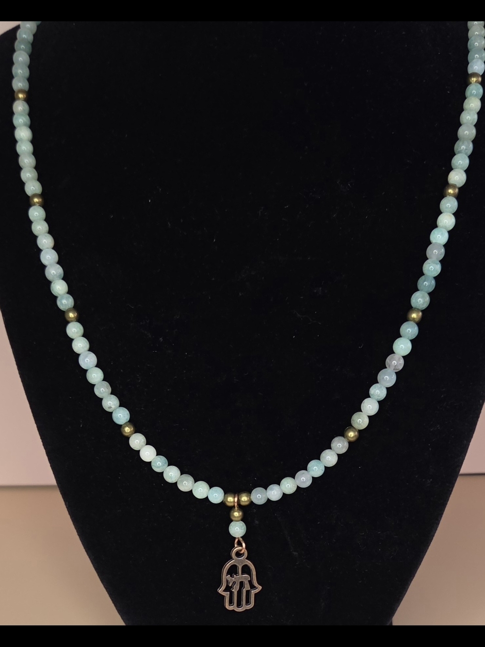 Blue-Green Amazonite,Bronze and Copper Beaded Necklace With Hamsa/Chai Pendant